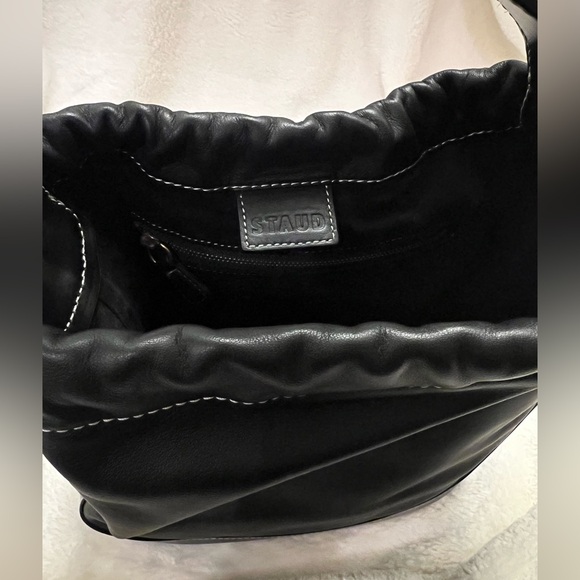 STAUD Alec Black Leather Drawstring Bucket Bag Contrast Stitching New Condition - Picture 4 of 9